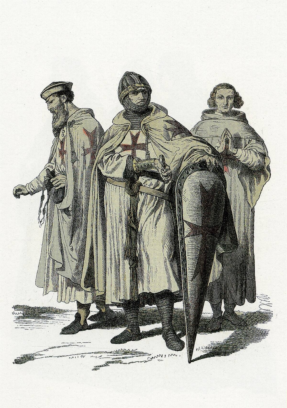 CRUSADES: KNIGHTS TEMPLAR. Knights Templar of Jerusalem, c1100. Color engraving, 19th century.