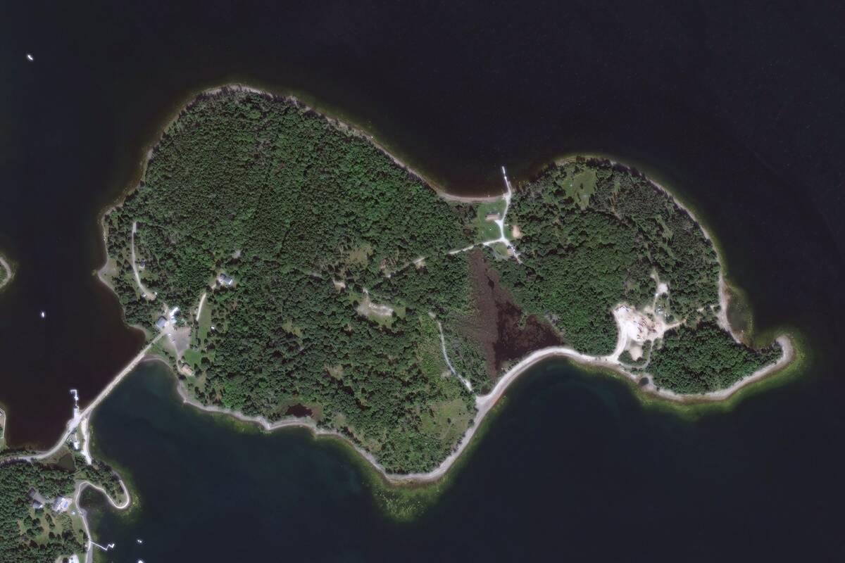 DigitalGlobe satellite imagery of Oak Island, Nova Scotia, Canada. This is the location of documented treasure hunts, investigations and excavations since the 1850s.
