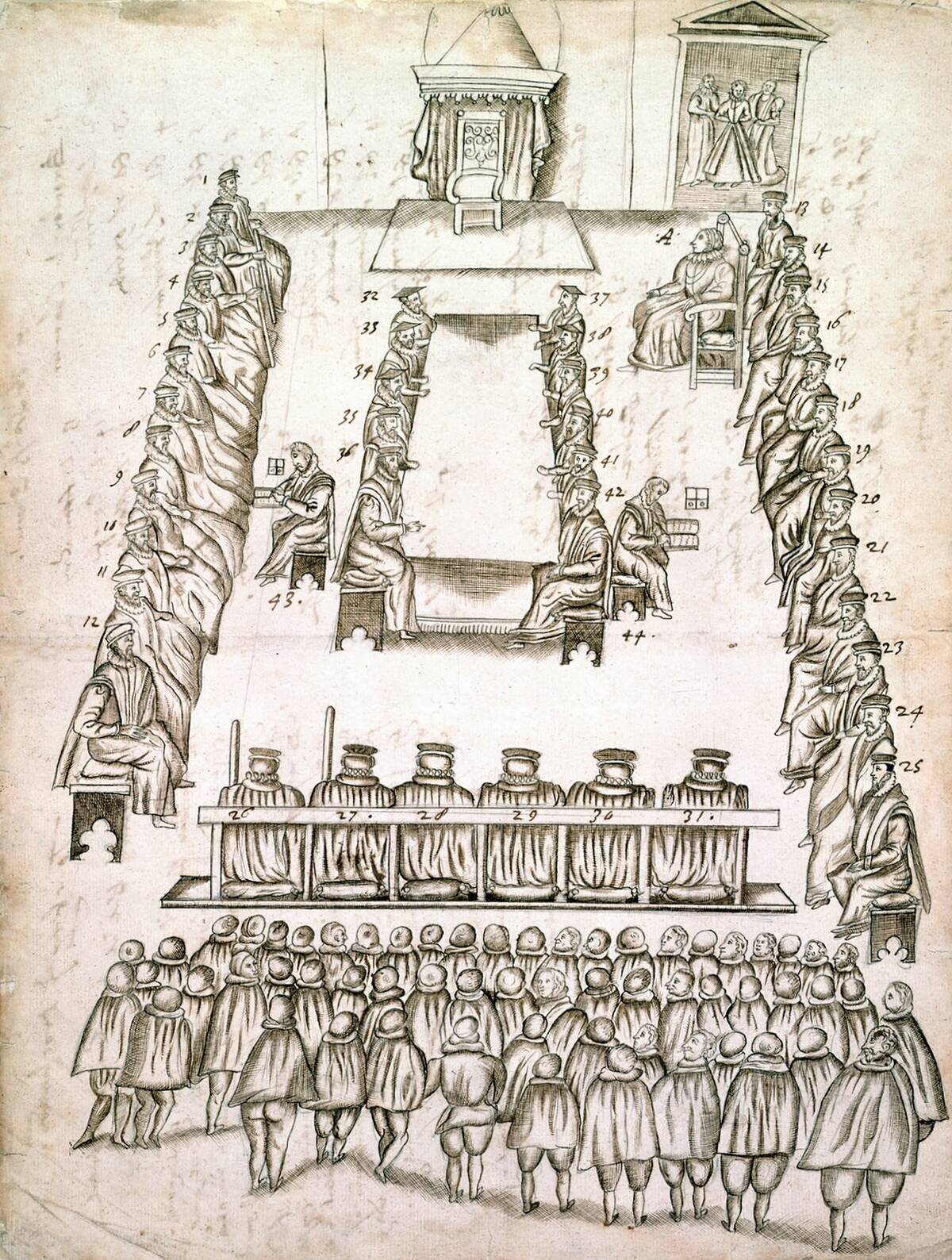Drawing of the trial of Mary, Queen of Scots