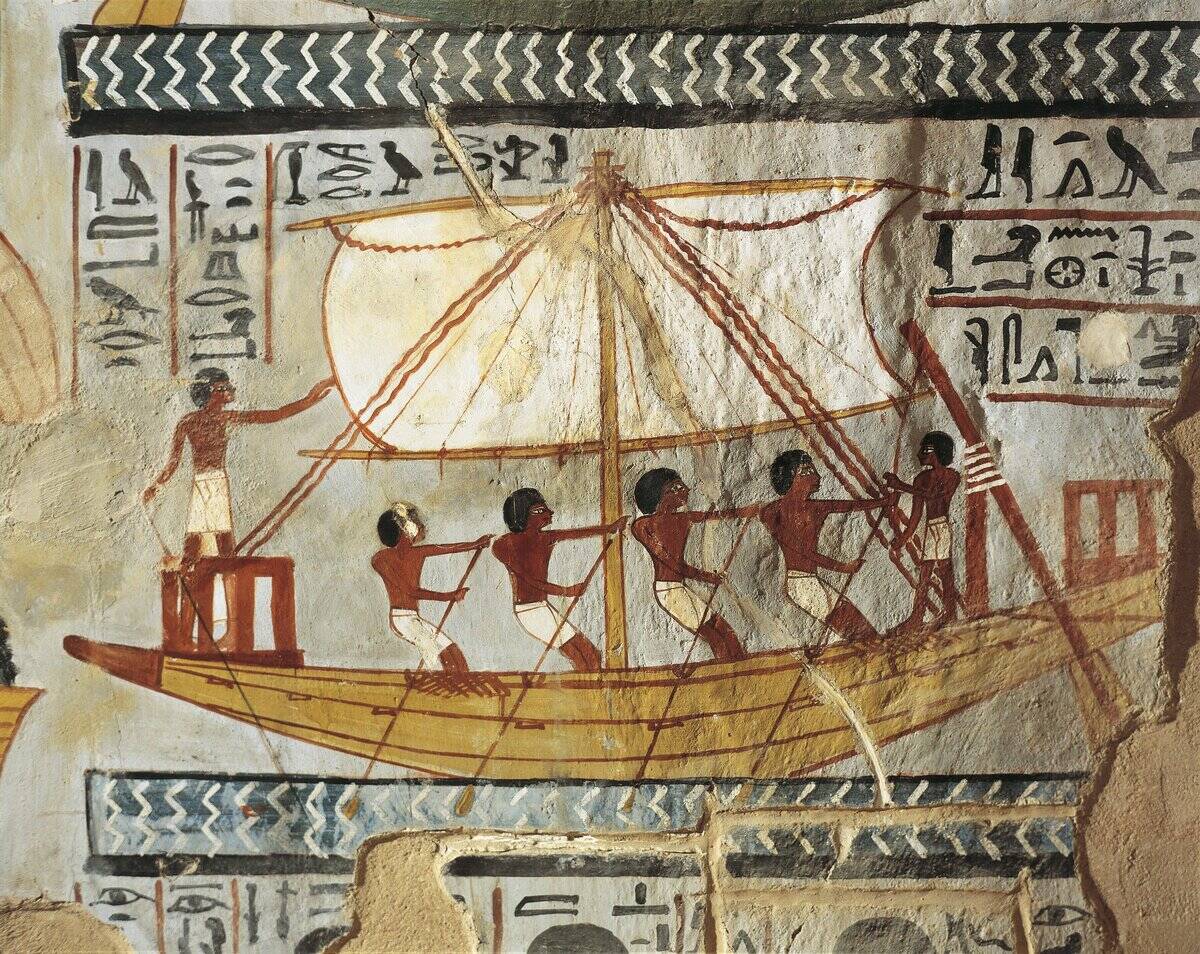 Egypt, Thebes, Shaykh 'Abd al-Qurnah (Abd el-Qurna), Tomb of Senneferi (Sennefer), boat on river Nile, mural painting