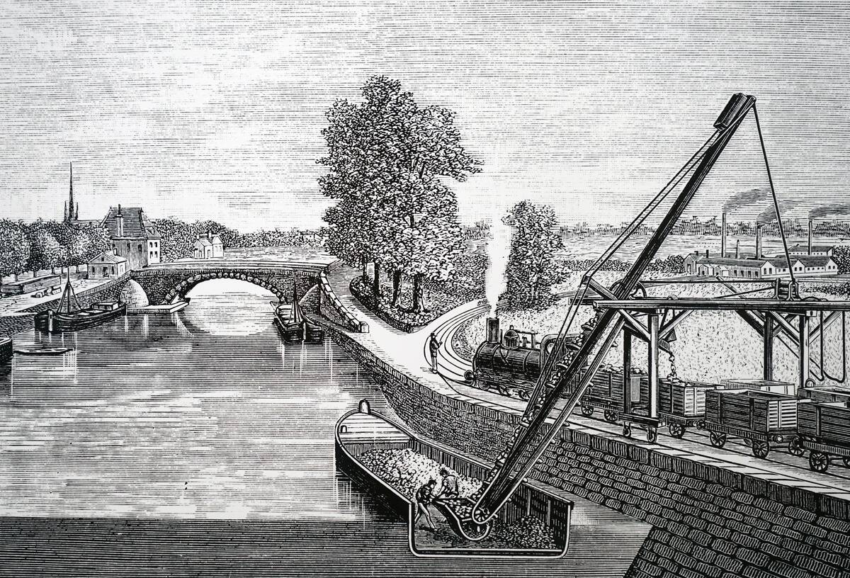 Engraving depicting the unloading sugarbeet by means of an electric elevator