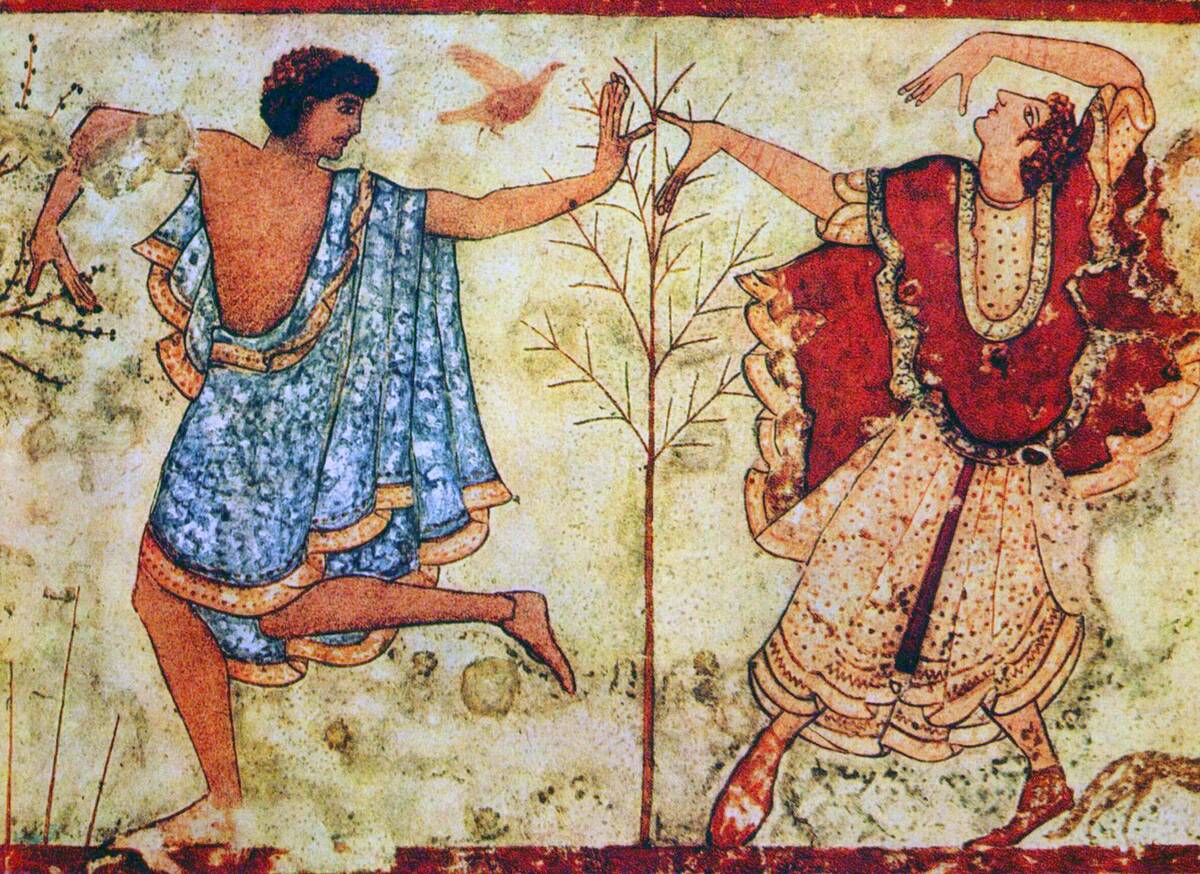 Etruscan wall painting from the Monterozzi Tomb, 6th-4th century BCE. Two dancers.