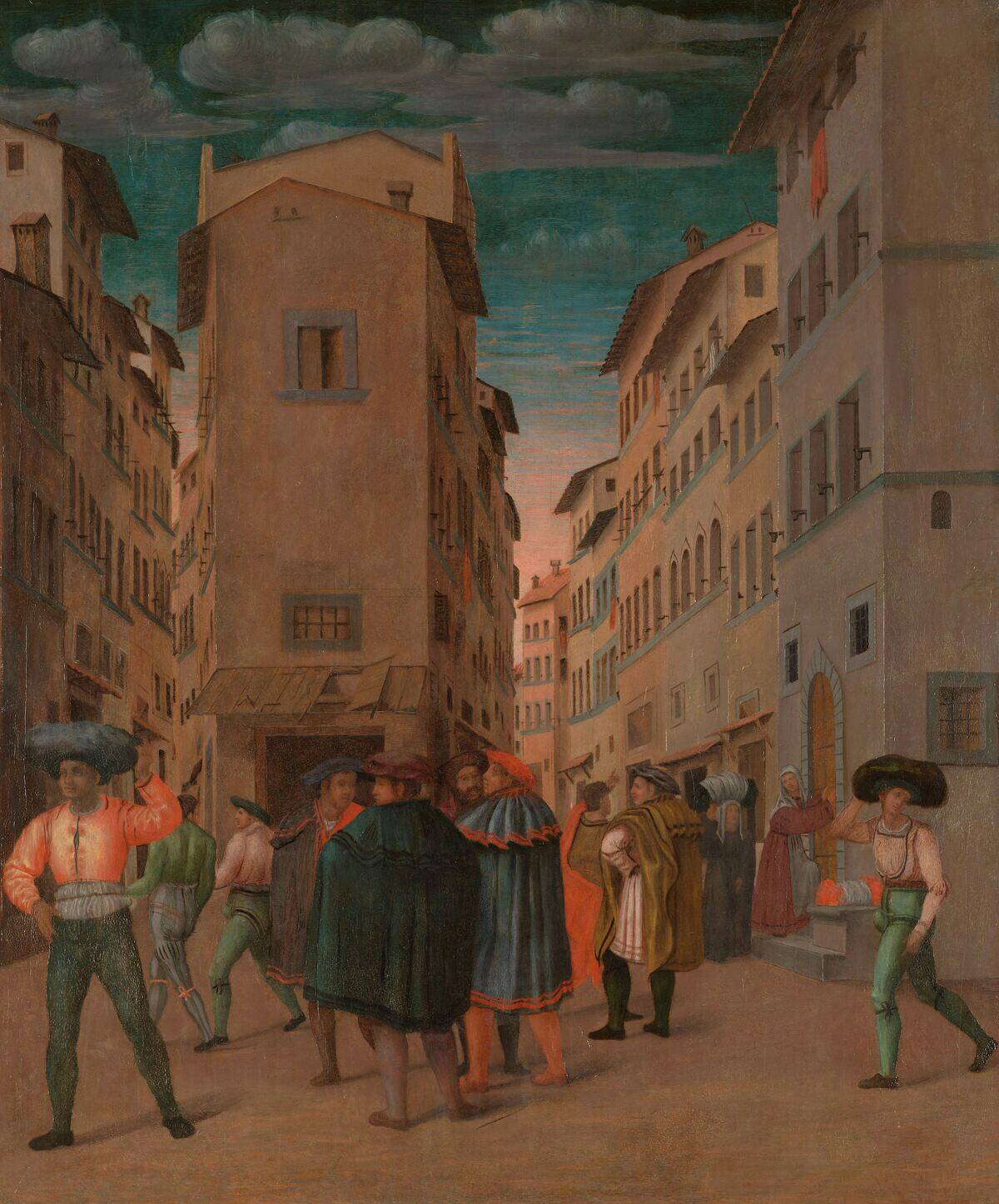Florentine Street Scene With Twelve Figures (Sheltering The Traveler