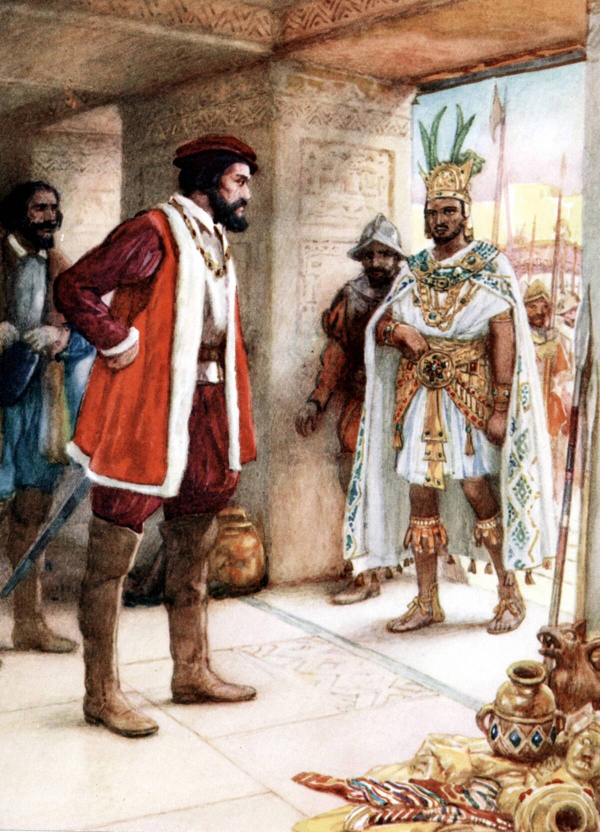 Hernando Cortez or Cortes (1485-1547) Spanish conquistador who conquered Mexico, with Montezuma II, last Aztec emperor, 1519. Early 20th century book illustration.