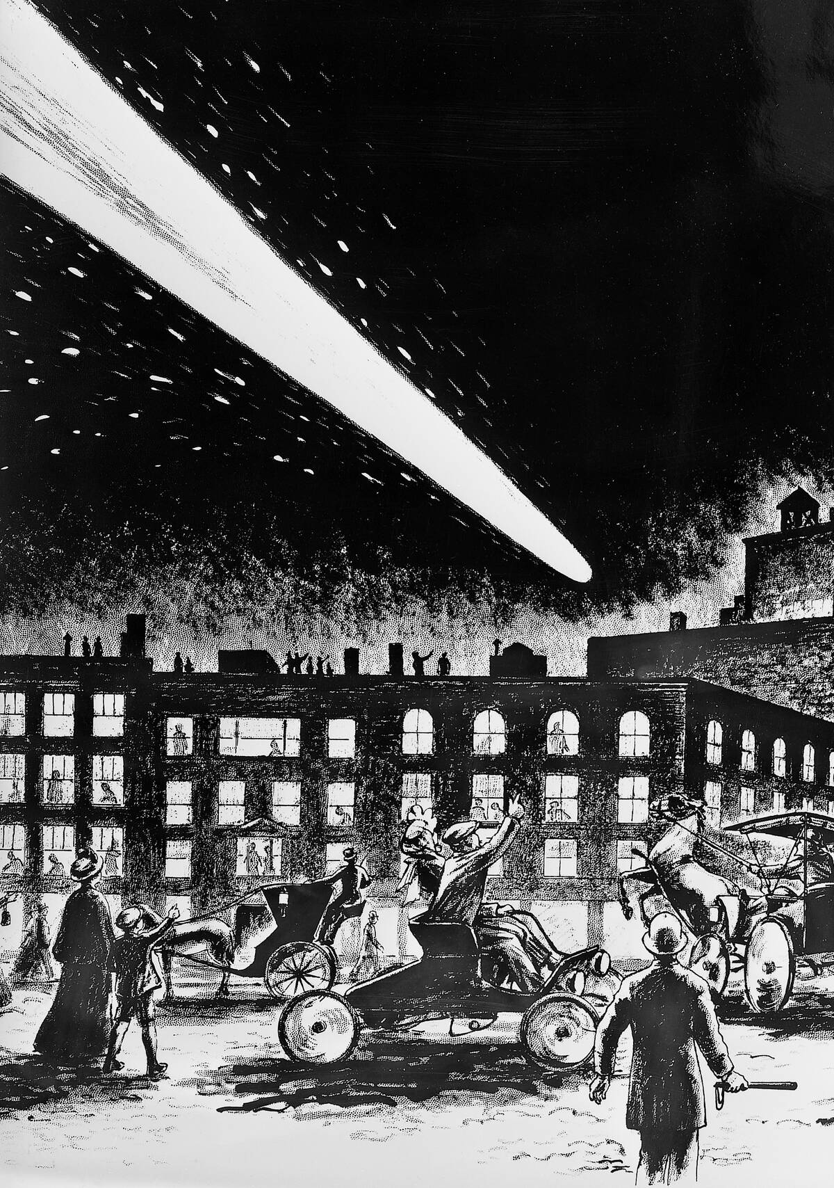 Illustration of Halley's Comet Seen in the City
