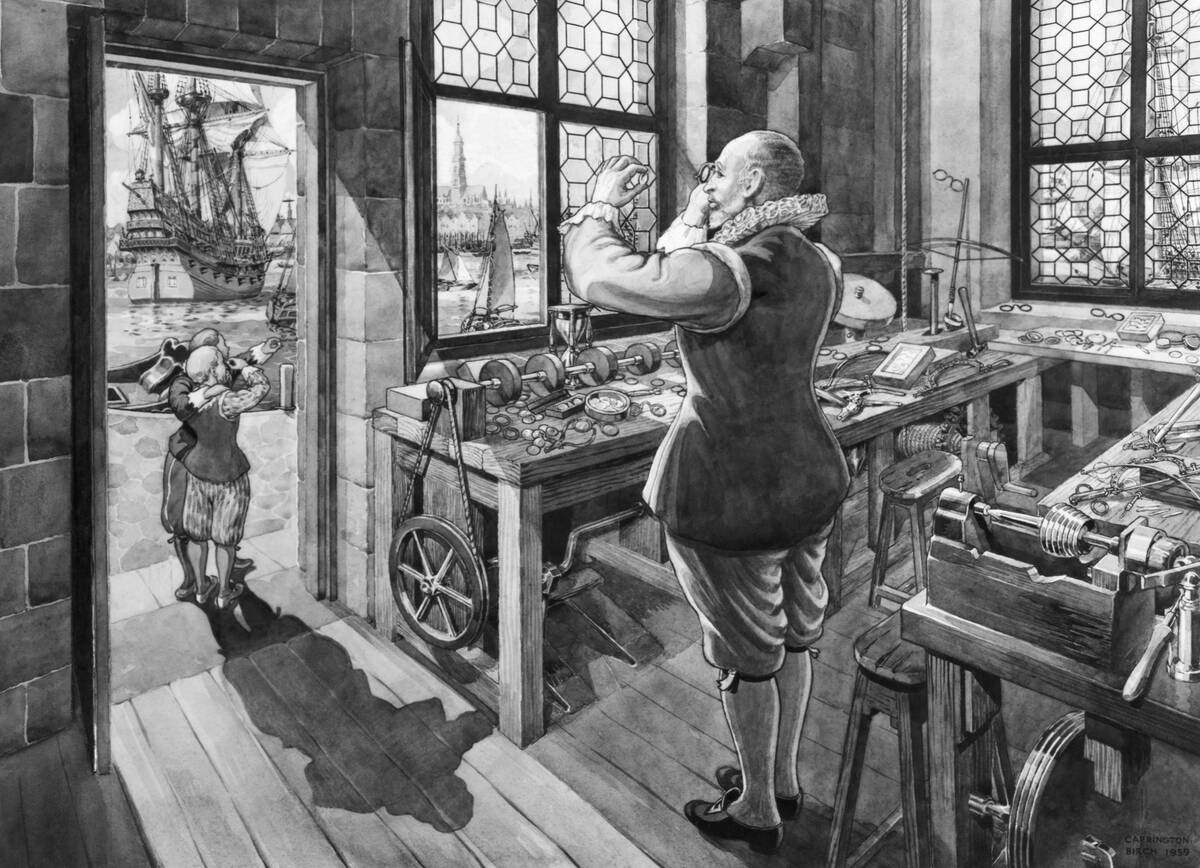 Illustration of Hans Lippershey Working on His Telescope