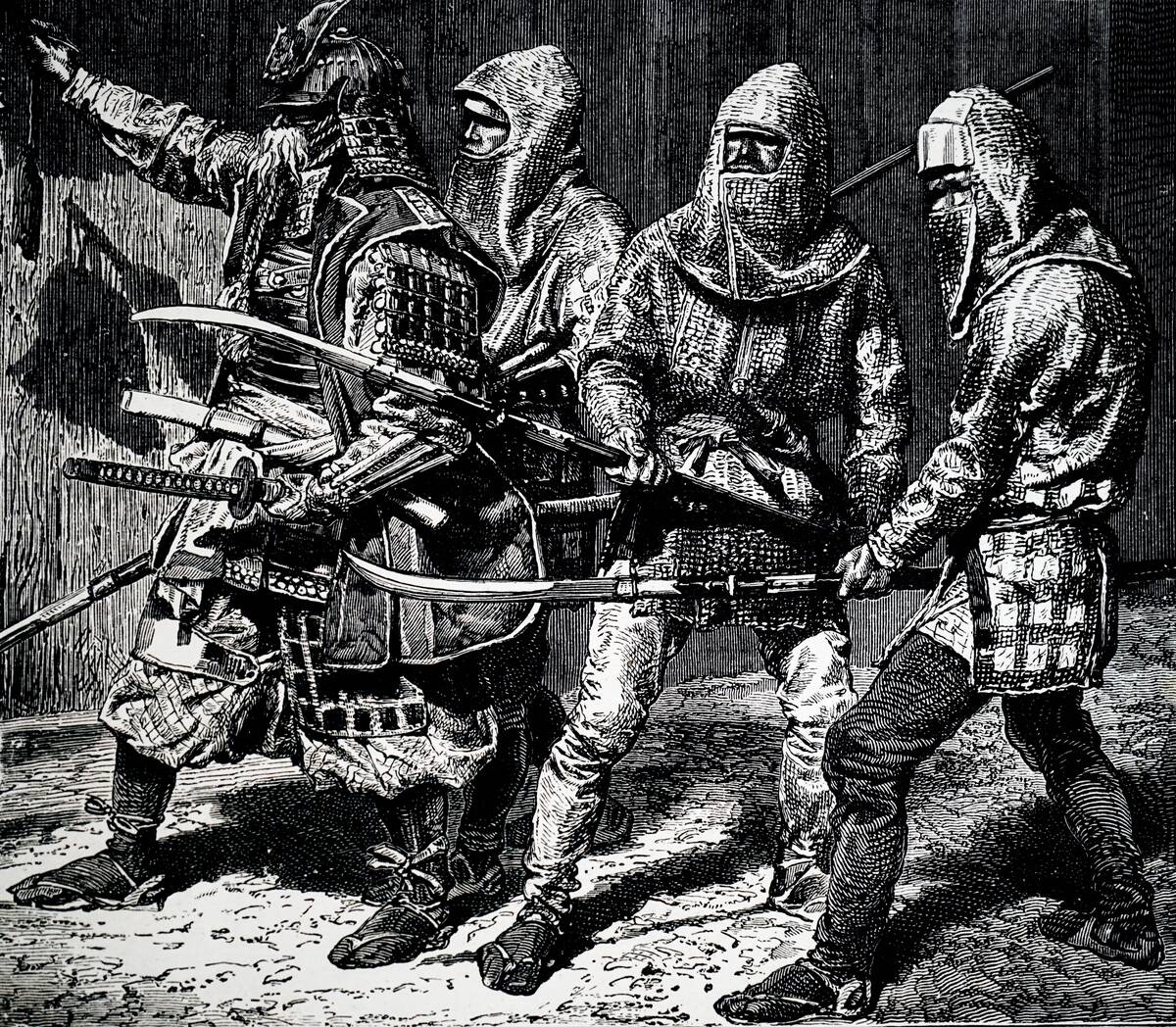 Illustration showing 13th century Japanese samurai warriors