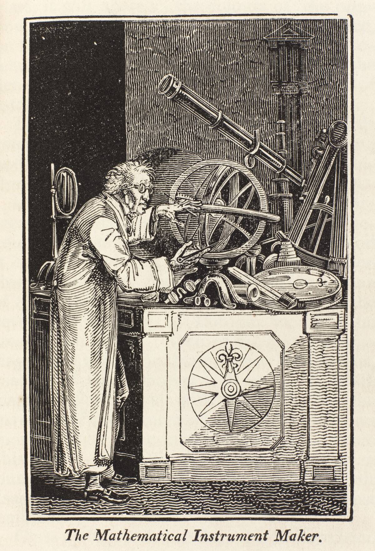 Illustration. 'The Mathematical Instrument Maker' from The Book of English Trades and Library of the Useful Arts, printed for Sir Richard Phillips and Co., London, 1824.