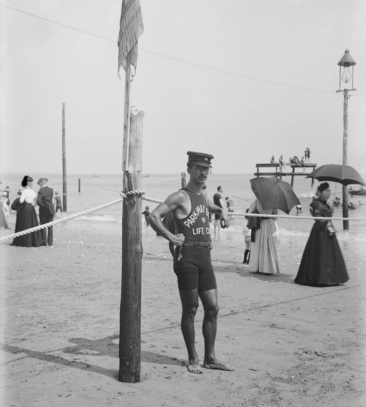 Lifeguard, Brighton Beach, Brooklyn, New York City, USA, circa 1905