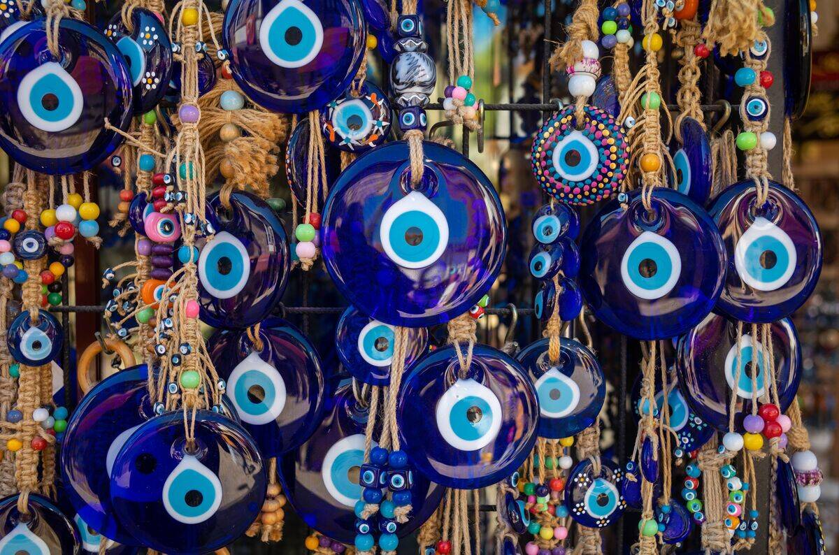 Nazar Boncuk (evil eye) souvenirs in Side, Turkey.