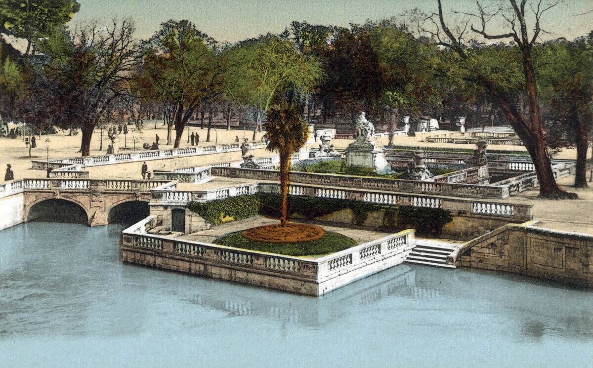 Nimes, France : garden of the fountain : the source and roman baths, postcard, c. 1900