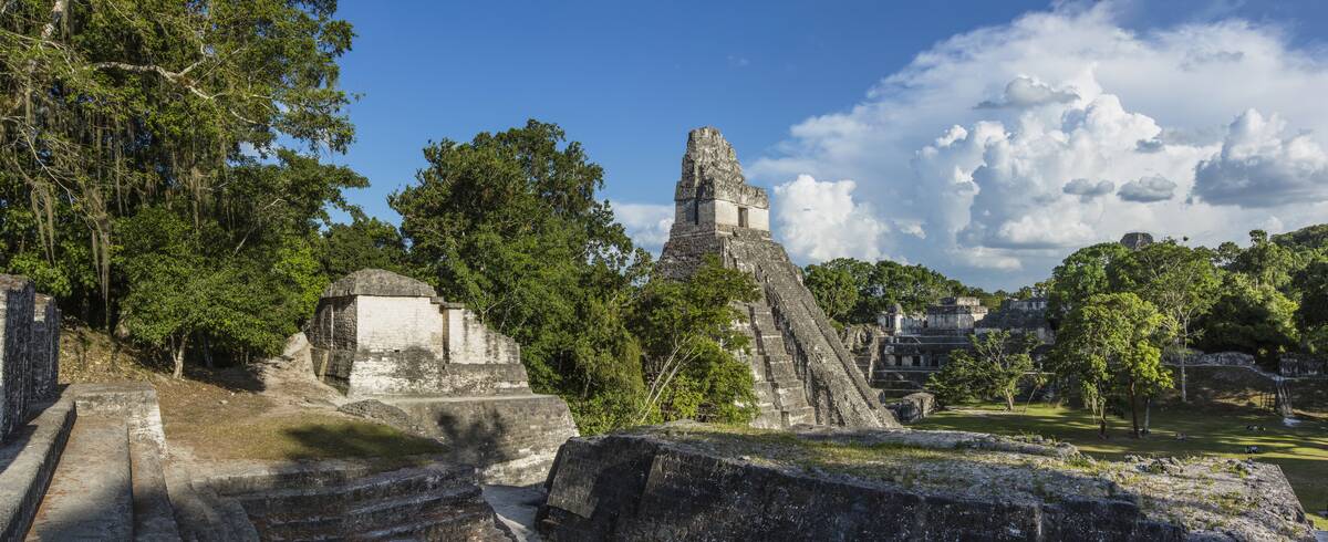 Panorama of the Great Plaza in the ruins of the Mayan civilization in Tikal National Park, Guatemala