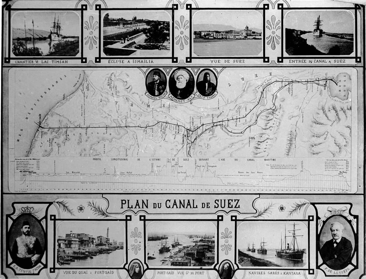 Plan of Suez canal (Egypt), inaugurated in 1869.