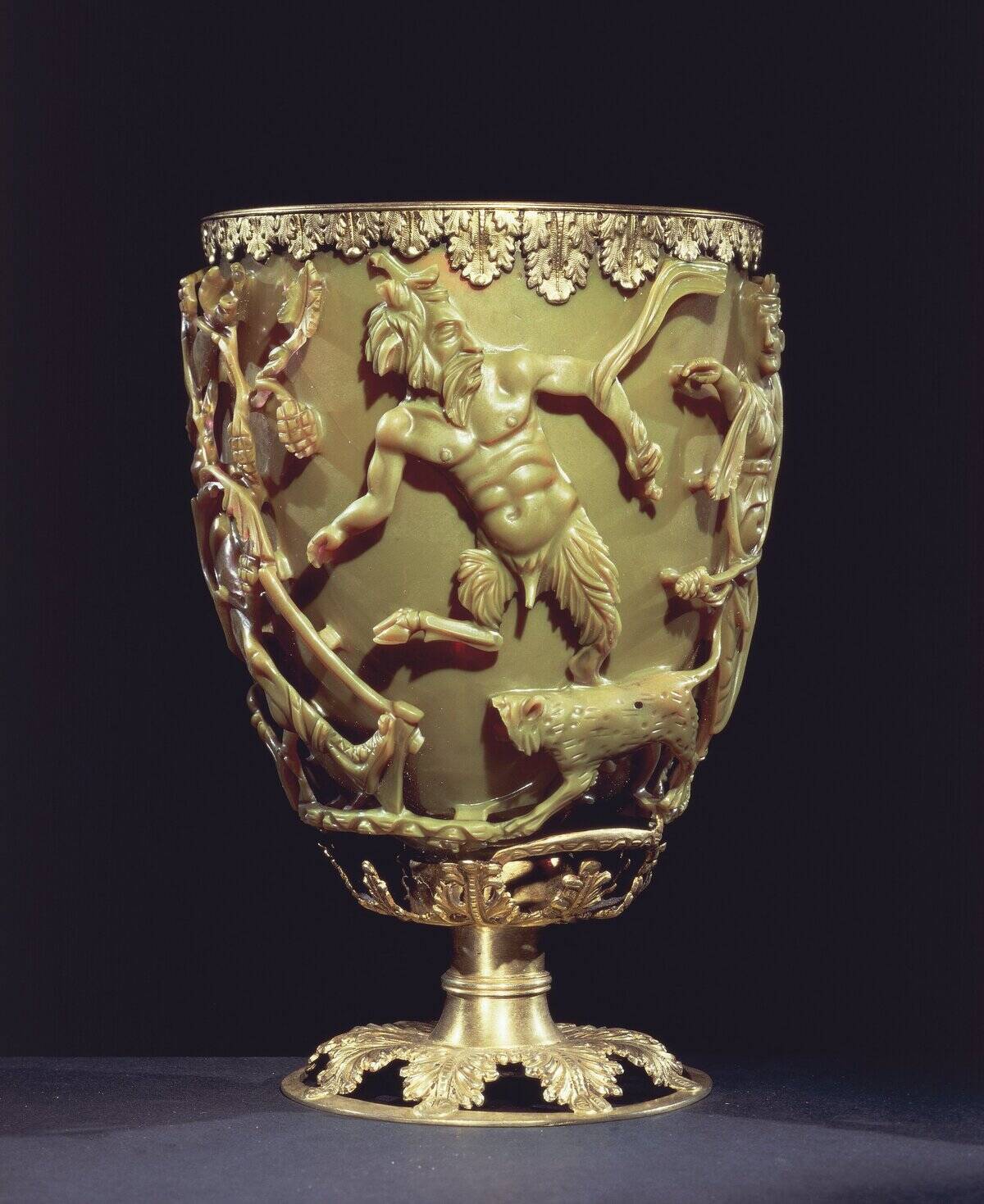 Roman lycurgus cup depicting king Lycurgus stuck in branches of vine, 4th Century