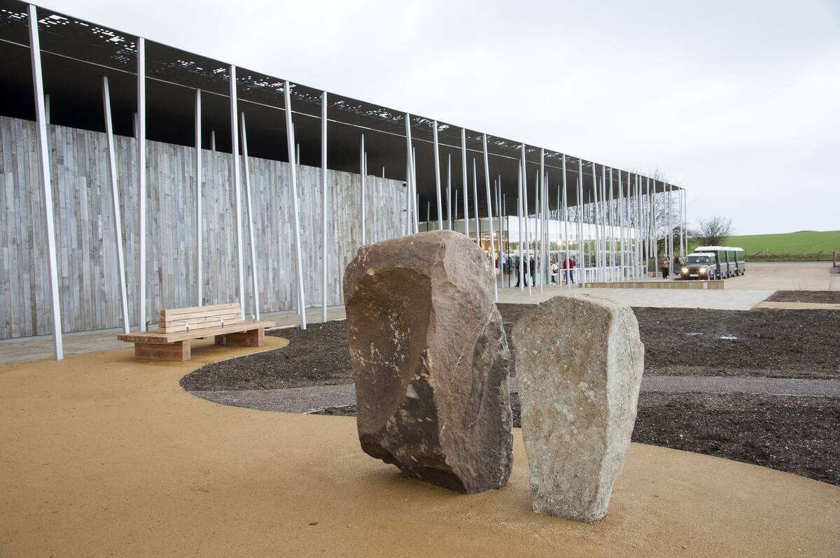 Stonehenge Visitor Centre and a Sarsen and Bluestone natural boulders