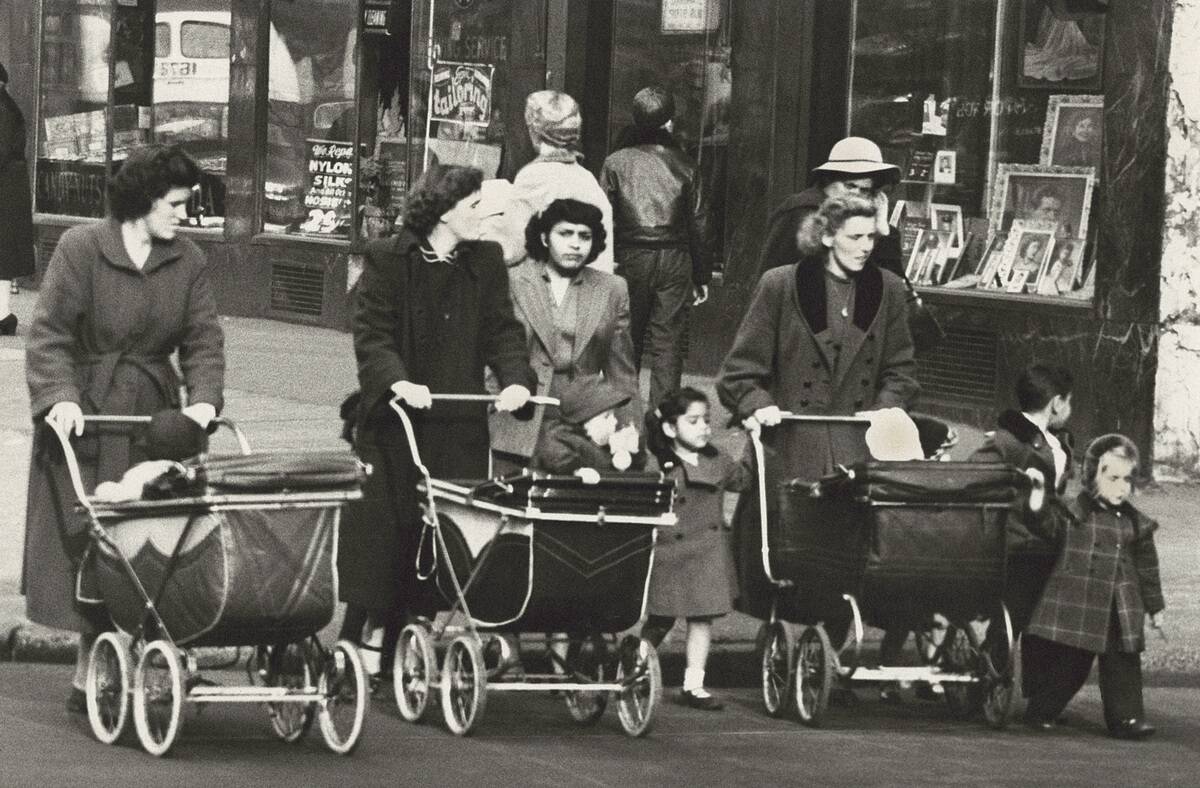 Three Women pushing Baby Strollers across Street, New York City, New York, USA, Angelo Rizzuto, Anthony Angel Collection, November 1953