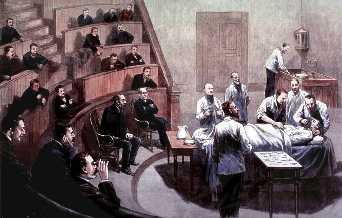 William T.G. Morton (1819-1868) american dentist giving the first public demonstration of ether anesthesia in the Boston hospital october 16, 1846, drawing