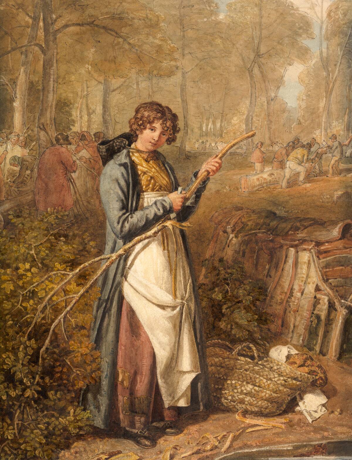 Woman peeling wood
