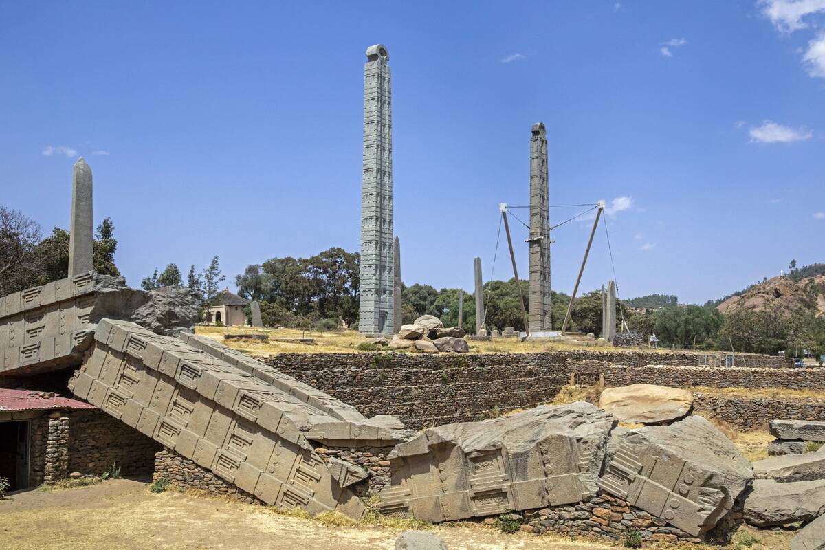 4th century King Ezana's Stela and fallen and broken Great Stele at the Northern Stelae Park in Axum.