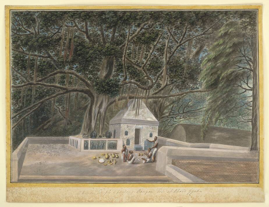 A_small_temple_beneath_the_Bodhi_tree,_Bodh_Gaya,_c._1810