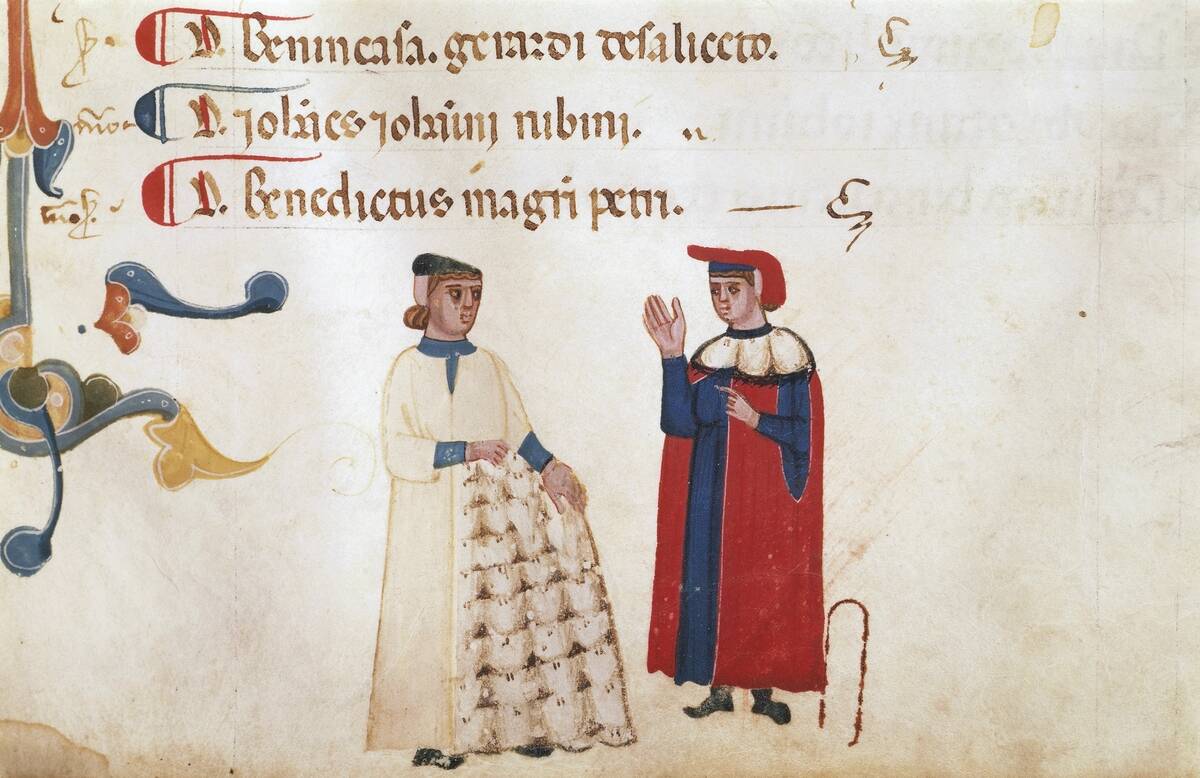 A merchant showing a client a hide