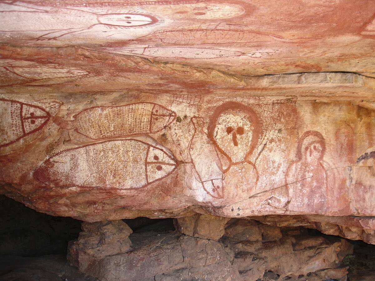 Aboriginal cave paintings in rock shelter - Gwion Gwion (formerly called Bradshaw) rock art,