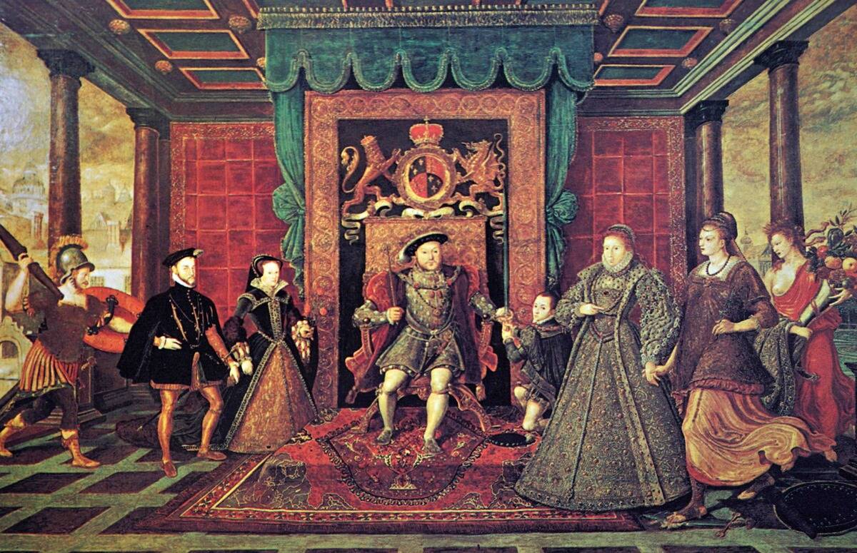 An allegory of Tudor succession showing Mary I of England and her husband King Philip II of Spain, next to him is the God Mars, King Henry VIII, and Queen Elizabeth I.