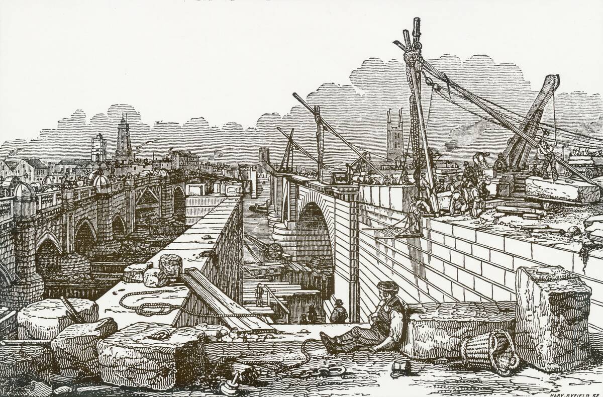 Building of London Bridge over River Thames