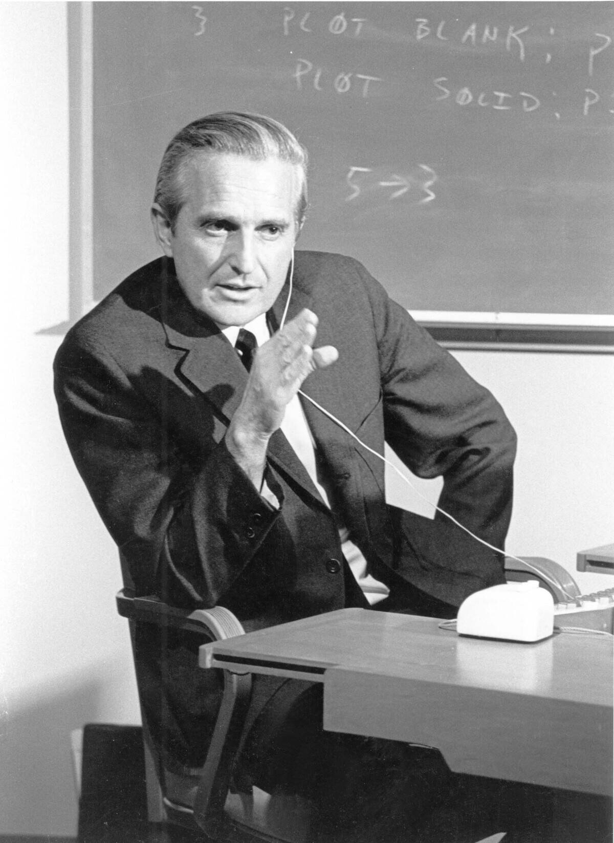 Douglas C. Engelbart, american engineer, inventor of the computer mouse in 1963, here at presentation of prototype on December 9, 1968