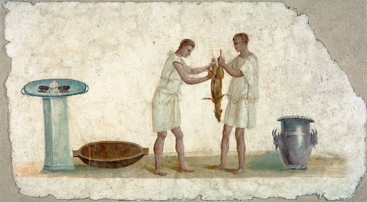 Fragment of Roman wall fresco, with slaves slaughtering an animal in preparation for a meal