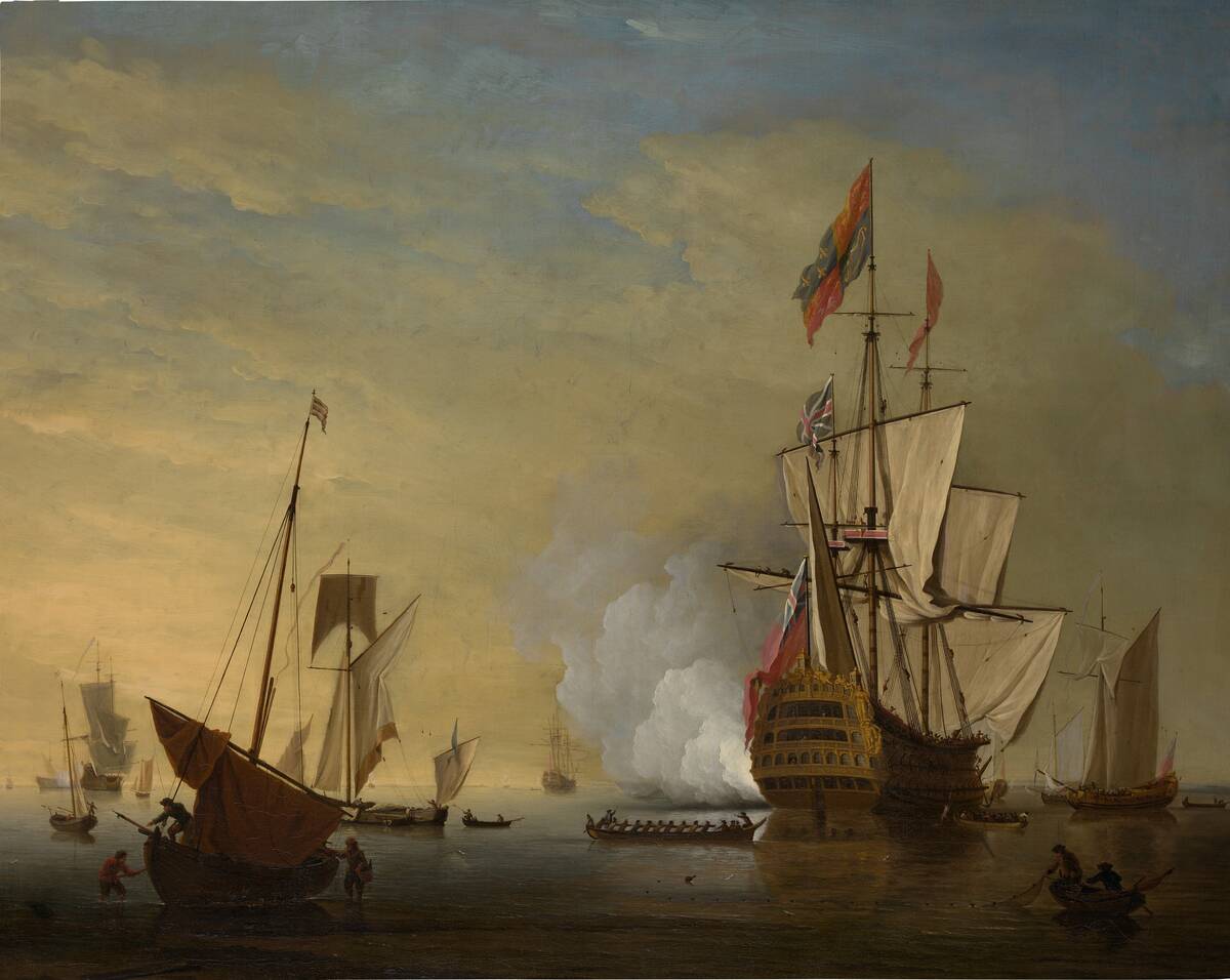 Harbor Scene: An English Ship With Sails Loosened Firing A Gun. Creator: Peter Monamy.