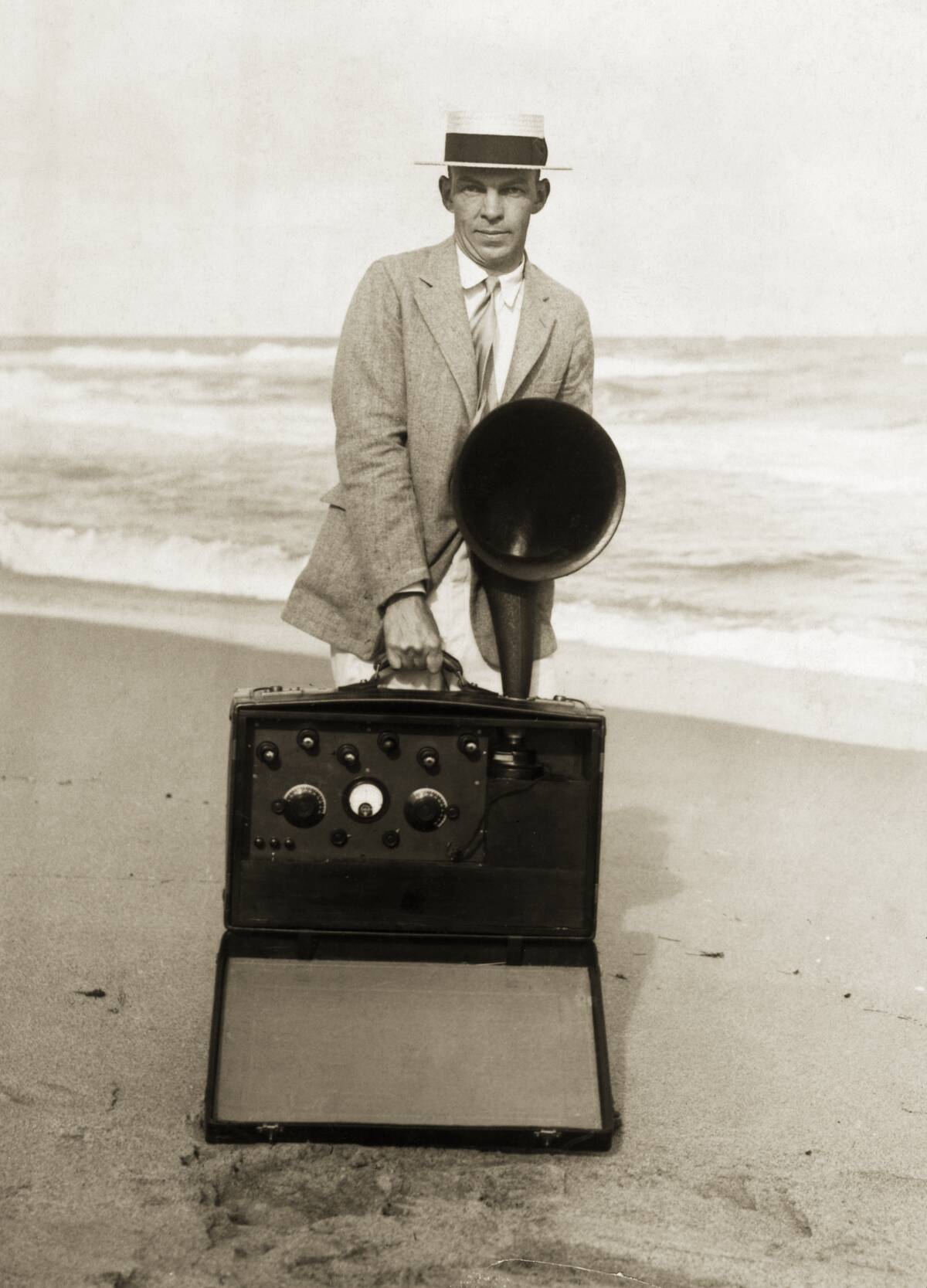 Inventor Edwin H. Armstrong on Beach with Radio