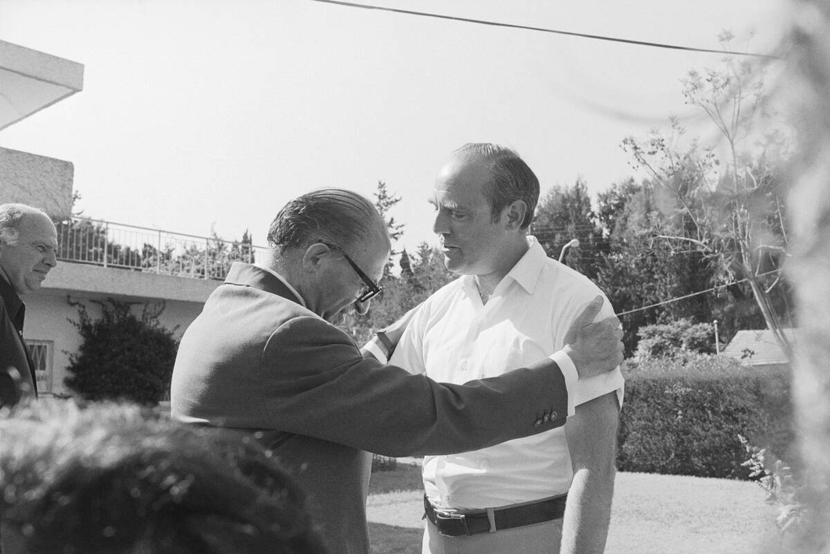 Israeli Political Party Leader Menachim Begin Embracing US Ambassador Samuel Lewis
