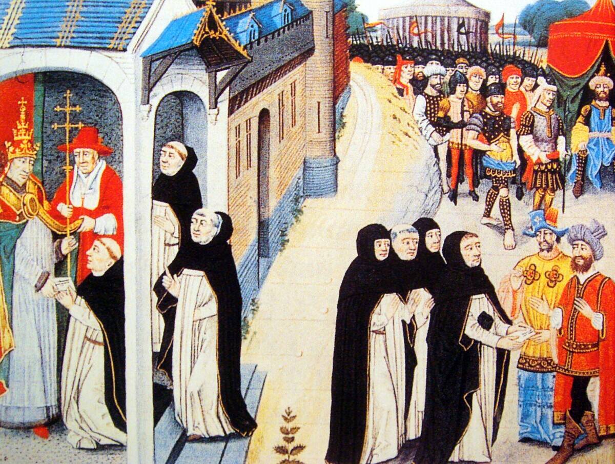 Italy/Mongolia: Ascelin of Lombardy receiving a letter from Pope Innocent IV, and remitting it to the Mongol general Baiju. Chronique des Empereurs, David Aubert, 1462