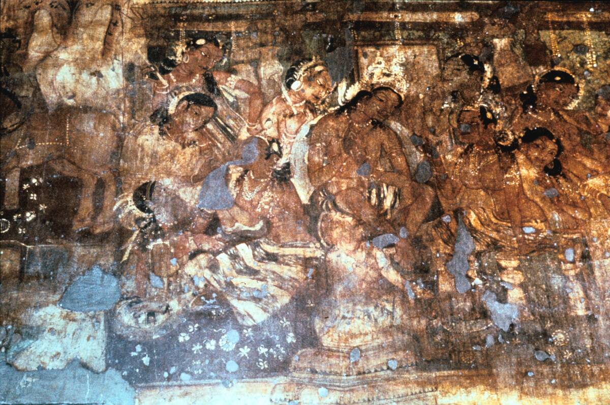 King Mahajanaka listening to Queen Vivali, Ajanta cave fresco, India, 1st-5th century AD.