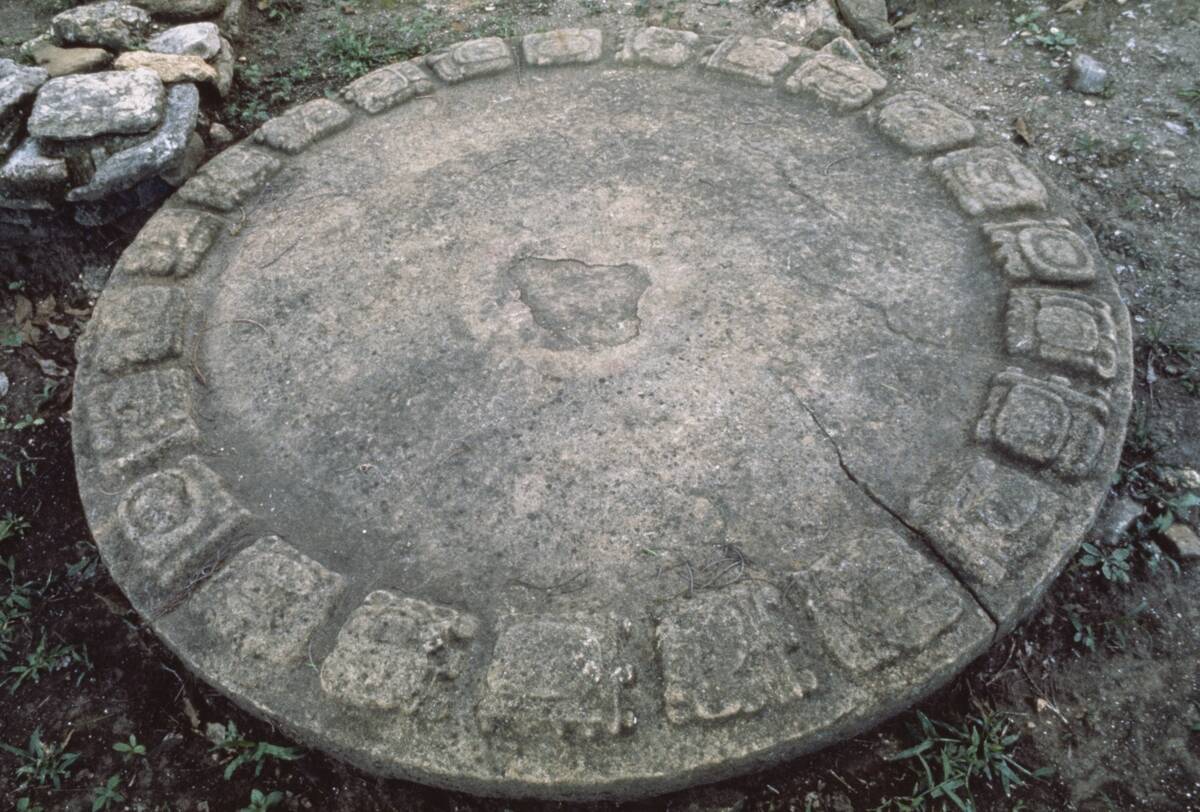 Mayan calendar disk at Tonina, archaeological site in Chiapas, Mexico.