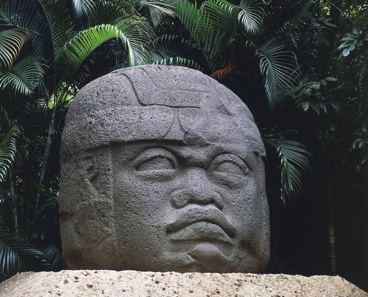 Olmec civilization, Colossal stone head of a warrior, 1100-475 b.c.