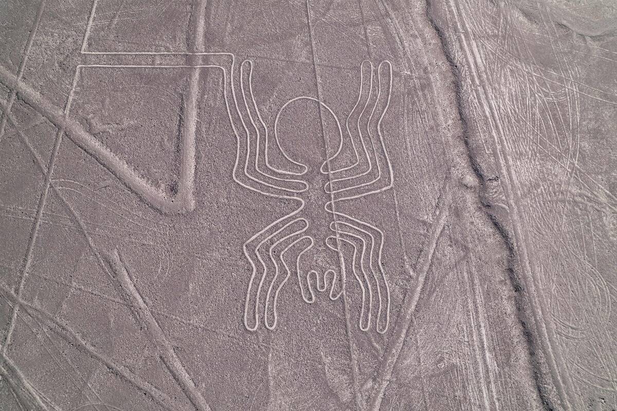Image of gigantic geoglyphs, known as the Nazca lines, built by people belonging to the Nazca culture, around 1600 years ago in Nazca, southern Peru on May 17, 2023.