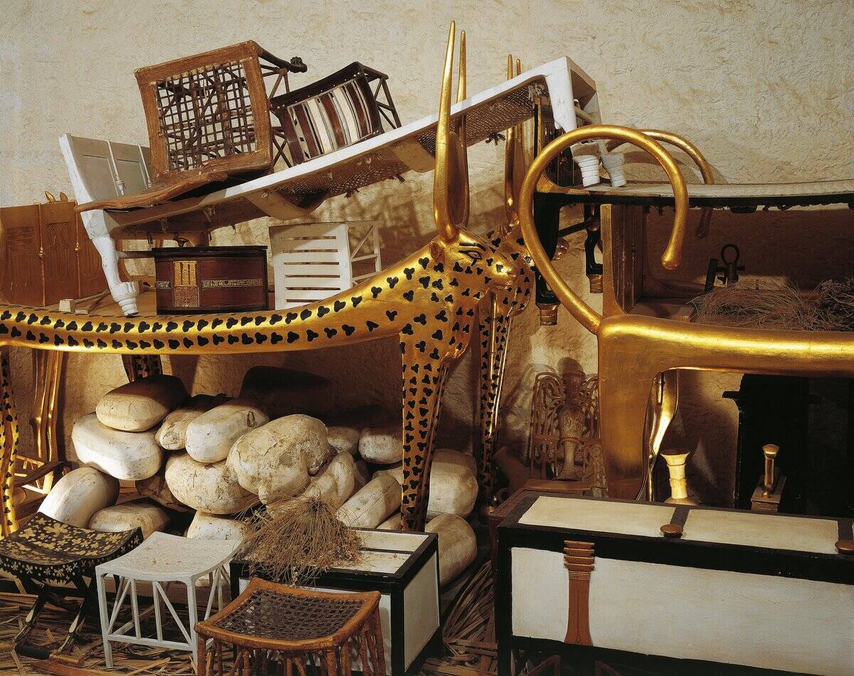 Replica of antechamber of tomb with parts of beds and furniture for eternity, from King Tutankhamen's tomb