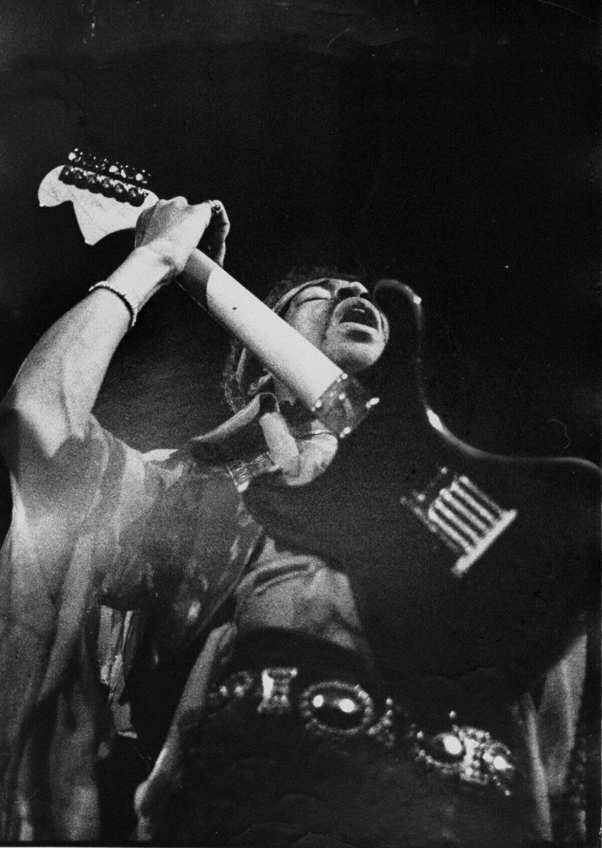 Rock star Jimi Hendrix during a performance.