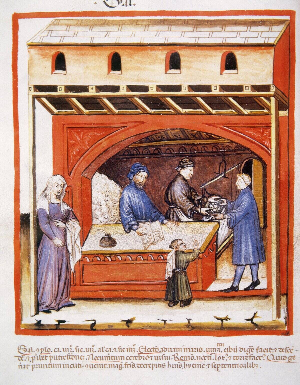 Tacuinum Sanitatis. 14th century. Selling salt.