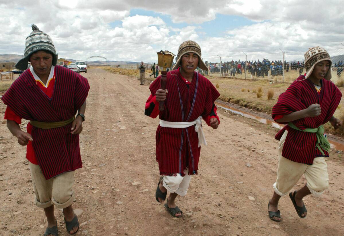 Three Chasquis (Inca messengers) carry t