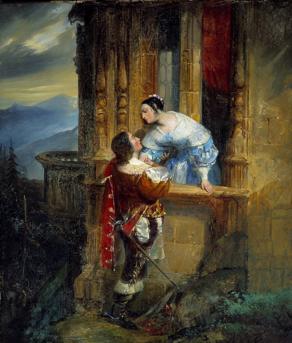 Young man courting a young lady, balcony scene