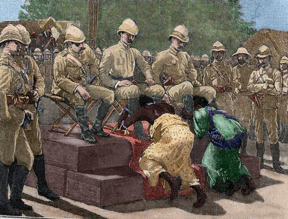 Act of submission of Ashanti king Prempeh before the British representative. Engraving, 1901. Colore