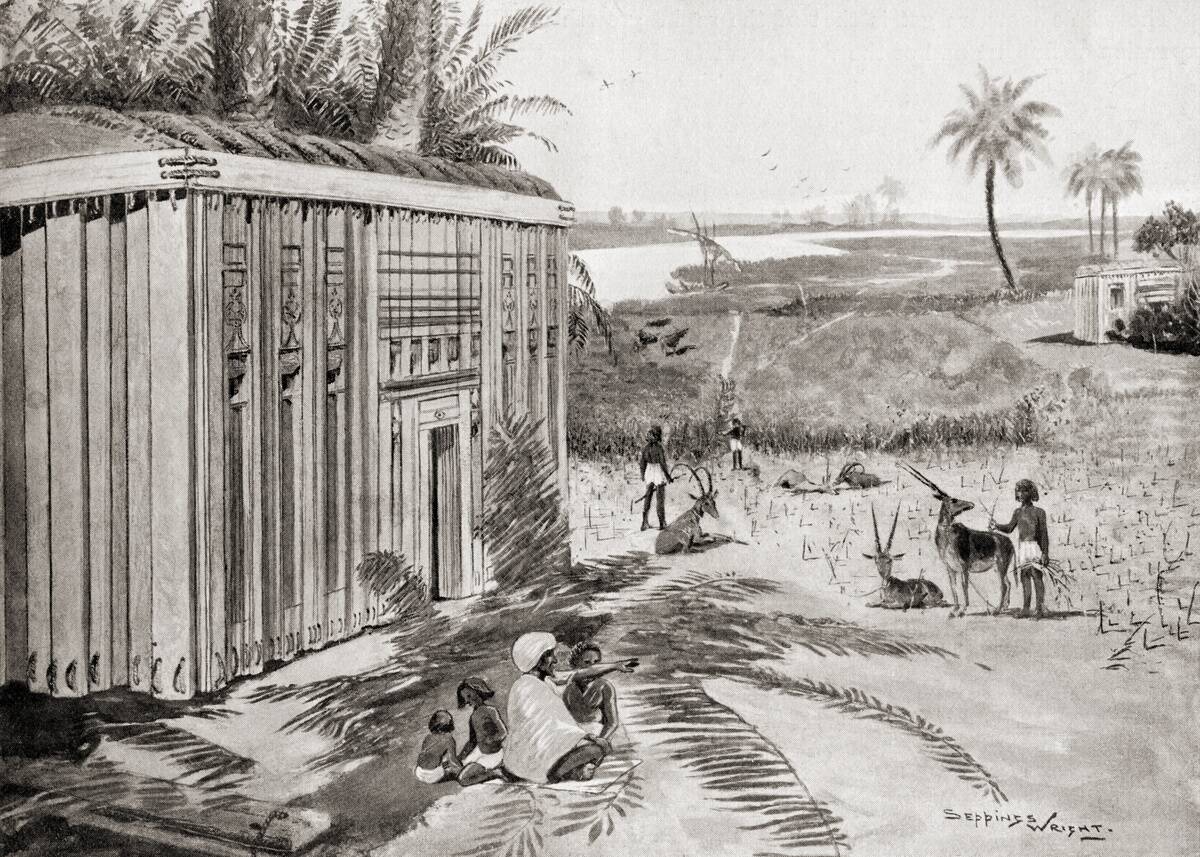 An Egyptian house 7,000 years ago, made from planks of wood placed vertically and strapped by palm fibre rope