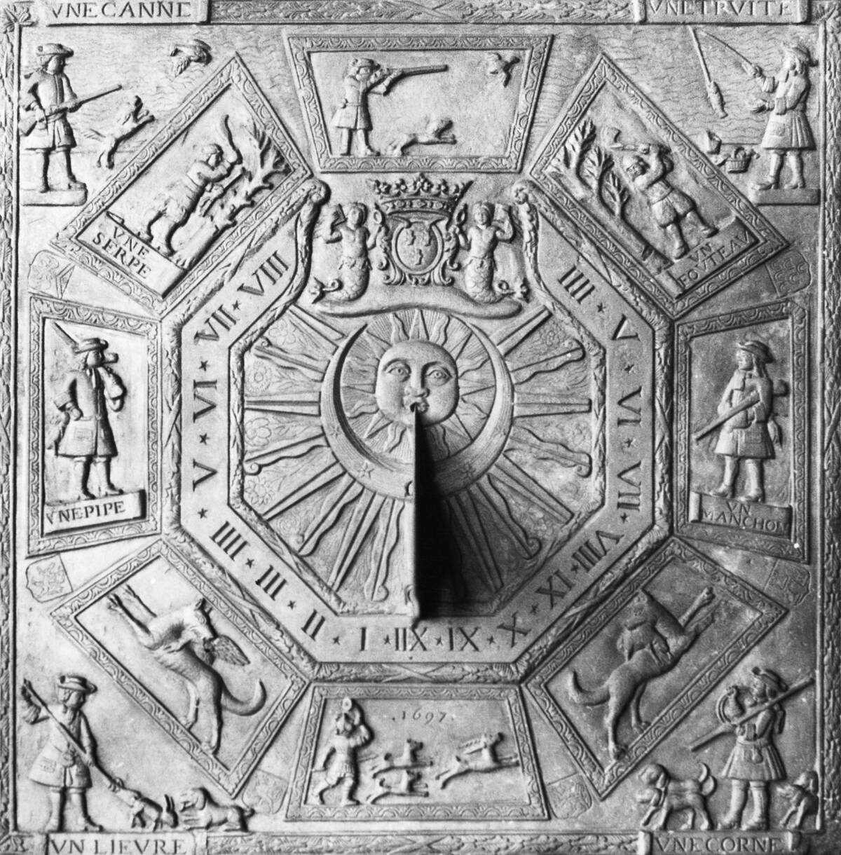 Ancient Sundial with Hunting Figures