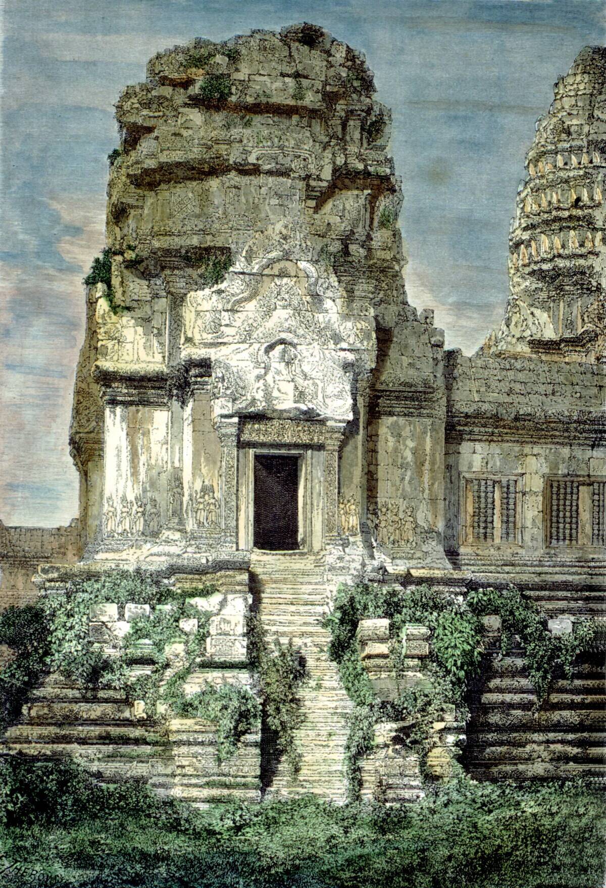 Central portico of Angkor Wat, Corner tower of the second level, Drawing by Therond after a photo by M, Gsell, 19th, Cambodia, Paris, Ecole francaise.