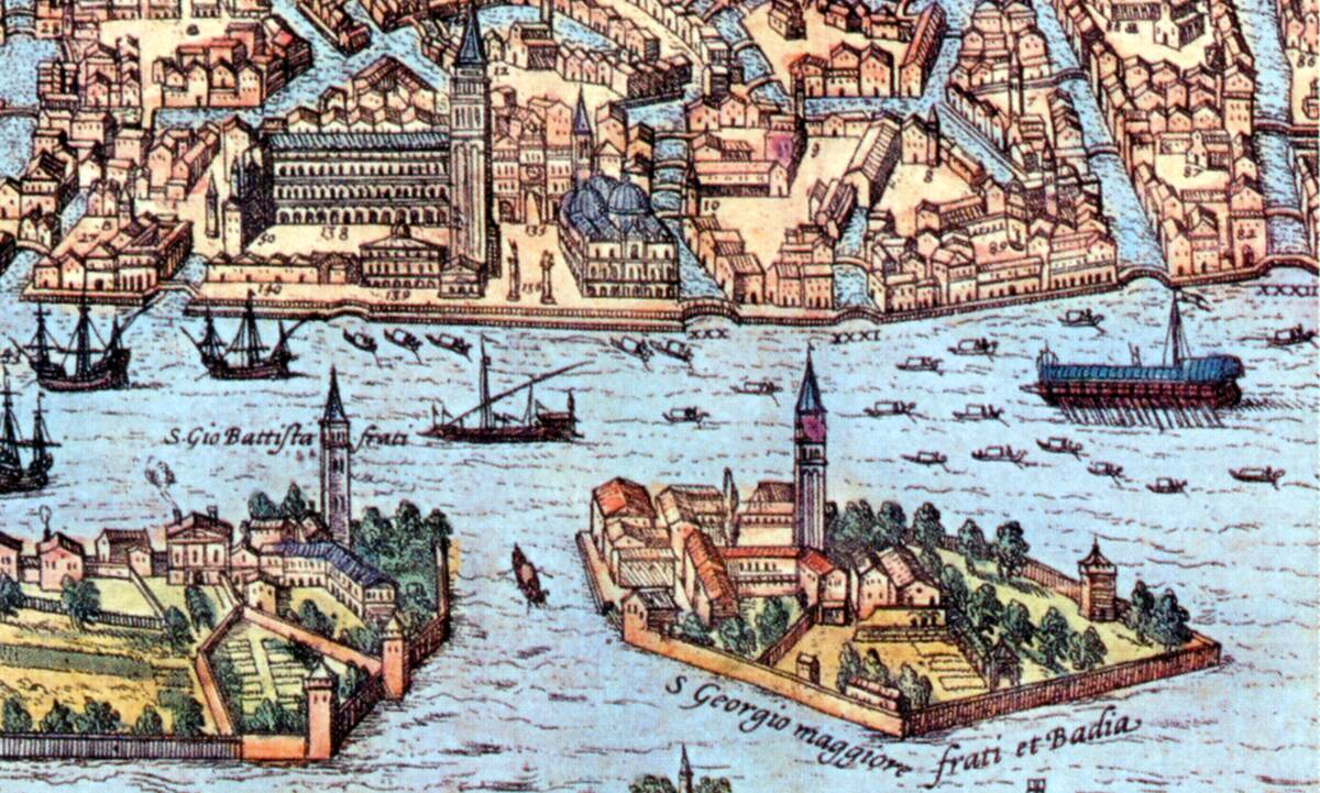 Detail from a 16th-century illustration of Venice showing lateen- (triangular-) and square--rigged ships.