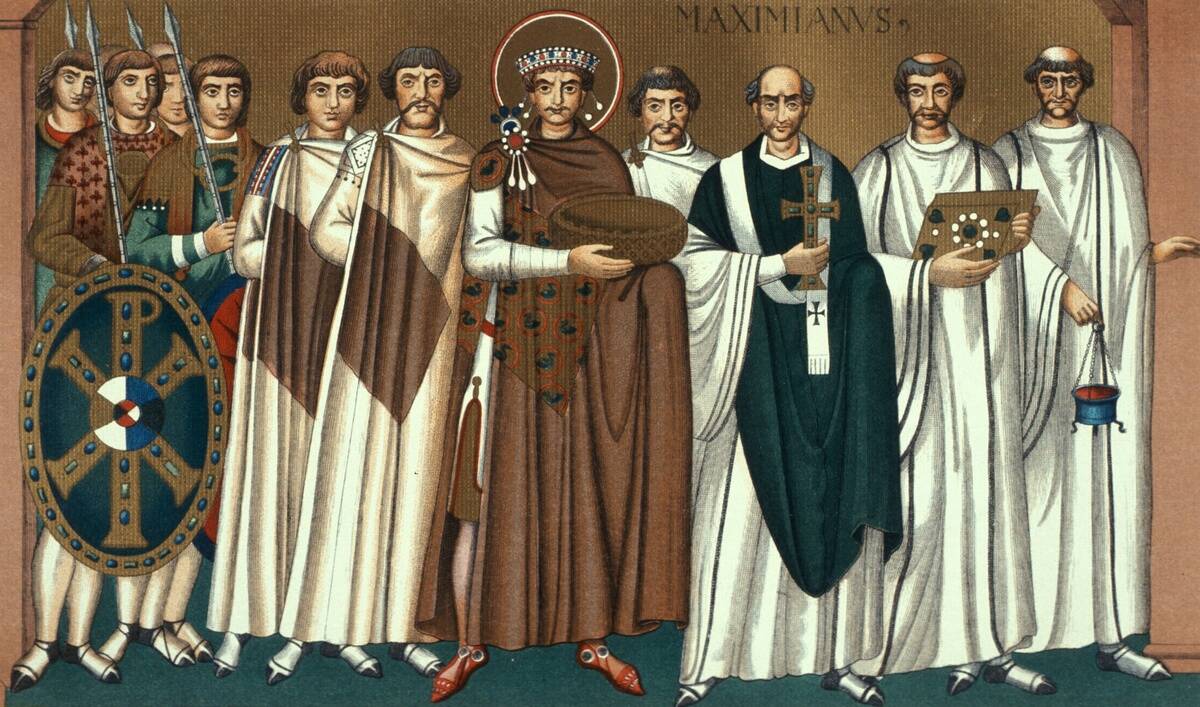 Eastern Roman Empire Justinian I (the Great) 11.05.482-11.11.565 Byzantine Emperor 527-565 Justinian with following - redrawing after the mosaic from St. Vitale, Ravenna - 6th century