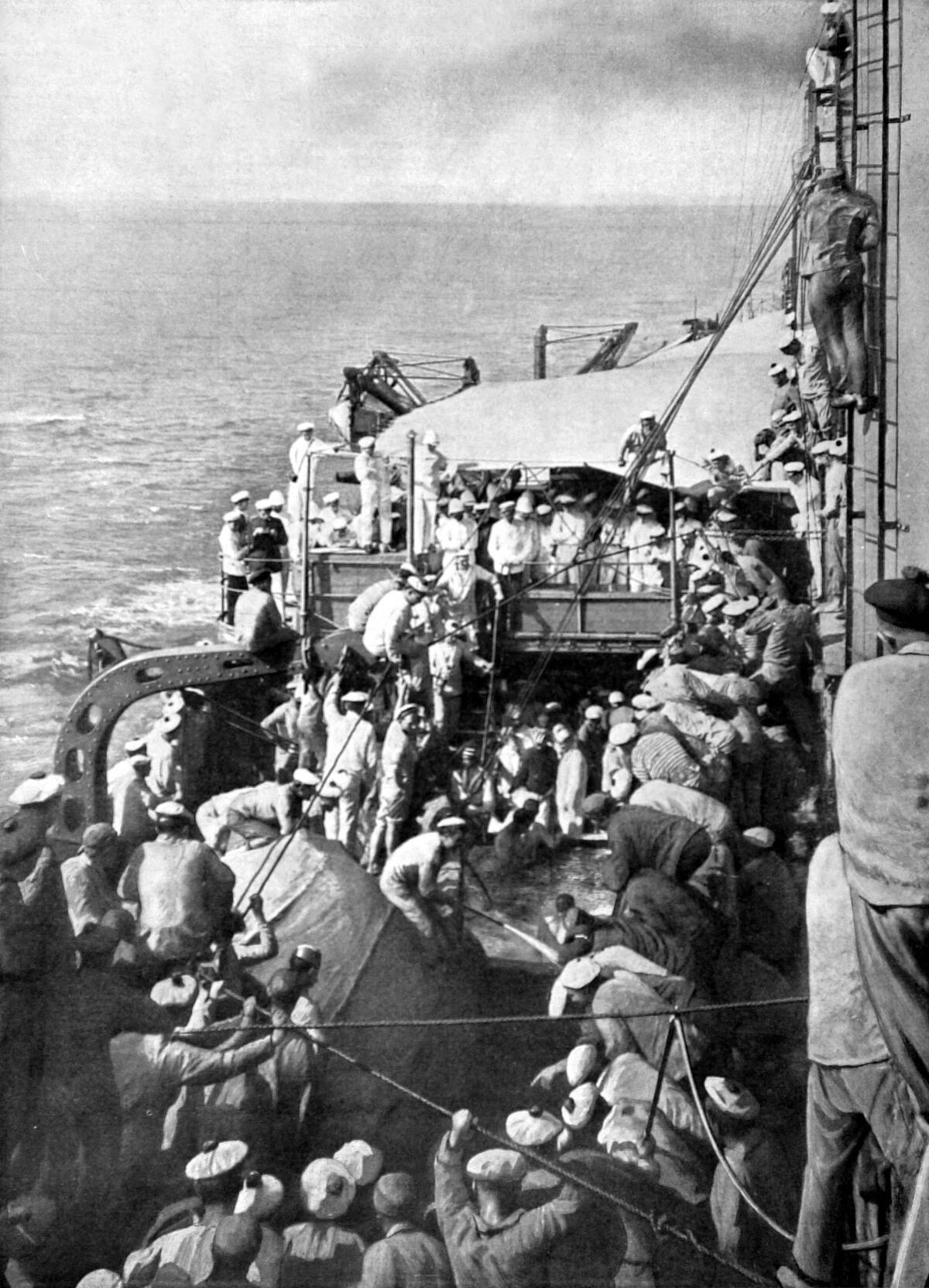France, 1913, Aboard the French training cruiser 'Jeanne d'Arc', midshipmen crossing the Equator for the first time are baptized, in accordance with an old maritime tradition .